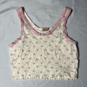 Messy Bun Just Chillin Women White Pink Bow Pointelle Lace Crop Tank Top Small